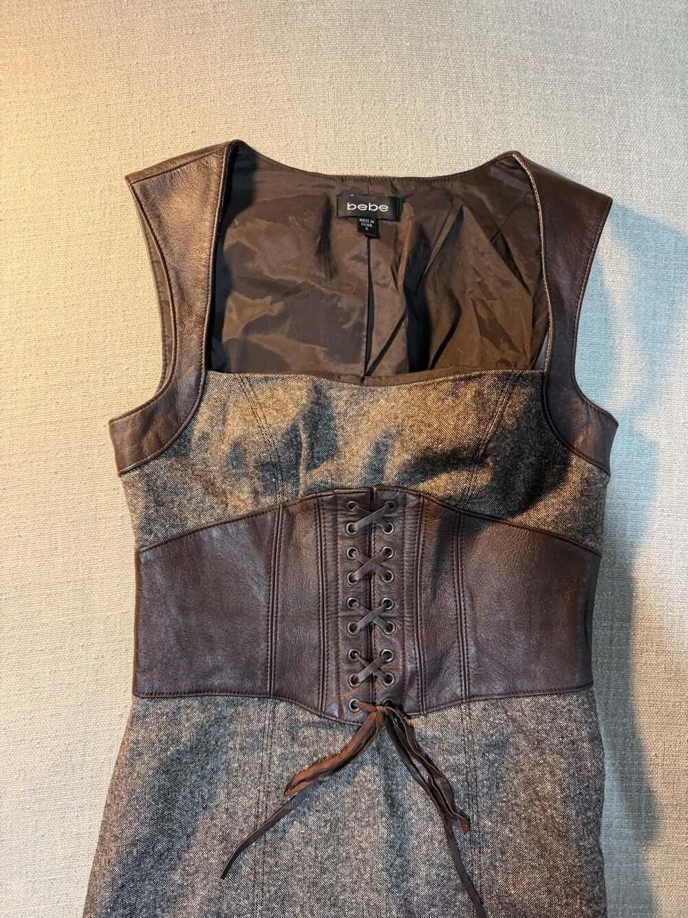 Bebe Brown Tweed Faux Leather Corset Dress Size 4 - Picture 2 of 6
